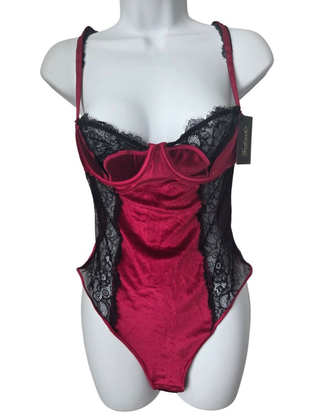 Fredericks Of Hollywood Pink & Black Velvet Lace Bodysuit Lingerie Medium New Wi